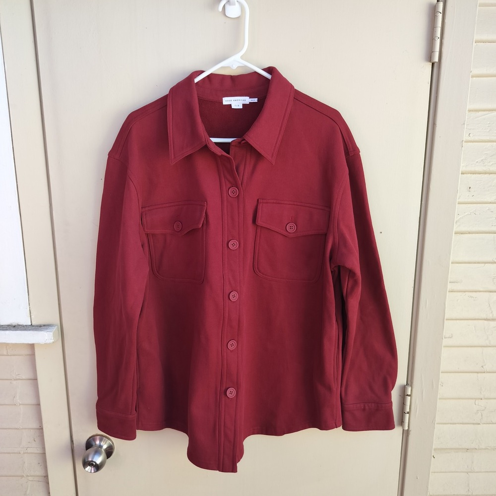 Good American Sueded Fleece Shacket Burgundy Red Shirt Jacket Size 1/2‎
